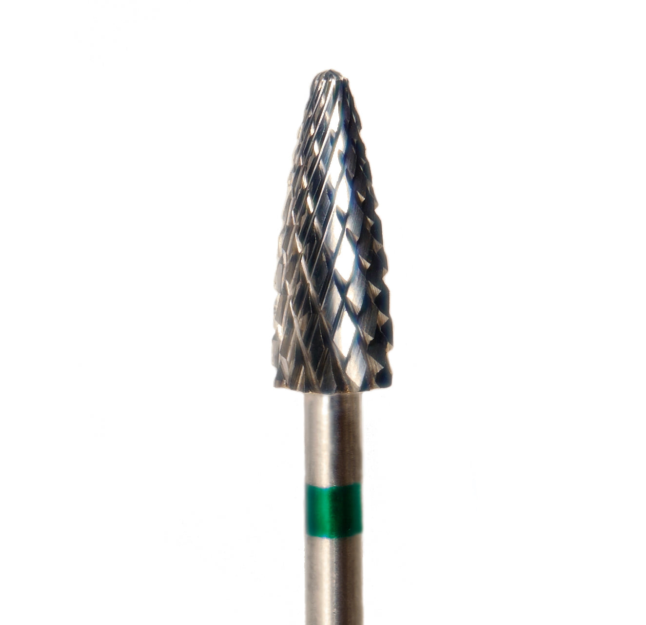 Embout conique à tête pointue avec marquage vert pour ponceuse manucure, idéal pour dépose de gel