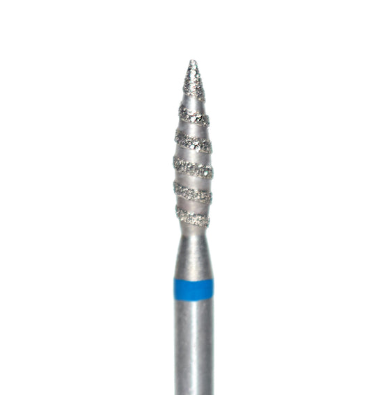 Embout de manucure "tornade" à tête pointue avec bague bleu - vue rapprochée de la forme pour un travail de précision