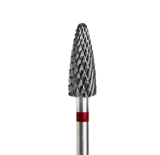 Gros plan sur embout conique rouge pour manucure professionnelle - usage pour gauchers