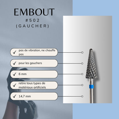 Fraise ponceuse ongles pour gaucher, en carbure bleu, avec fiche technique manucure gel