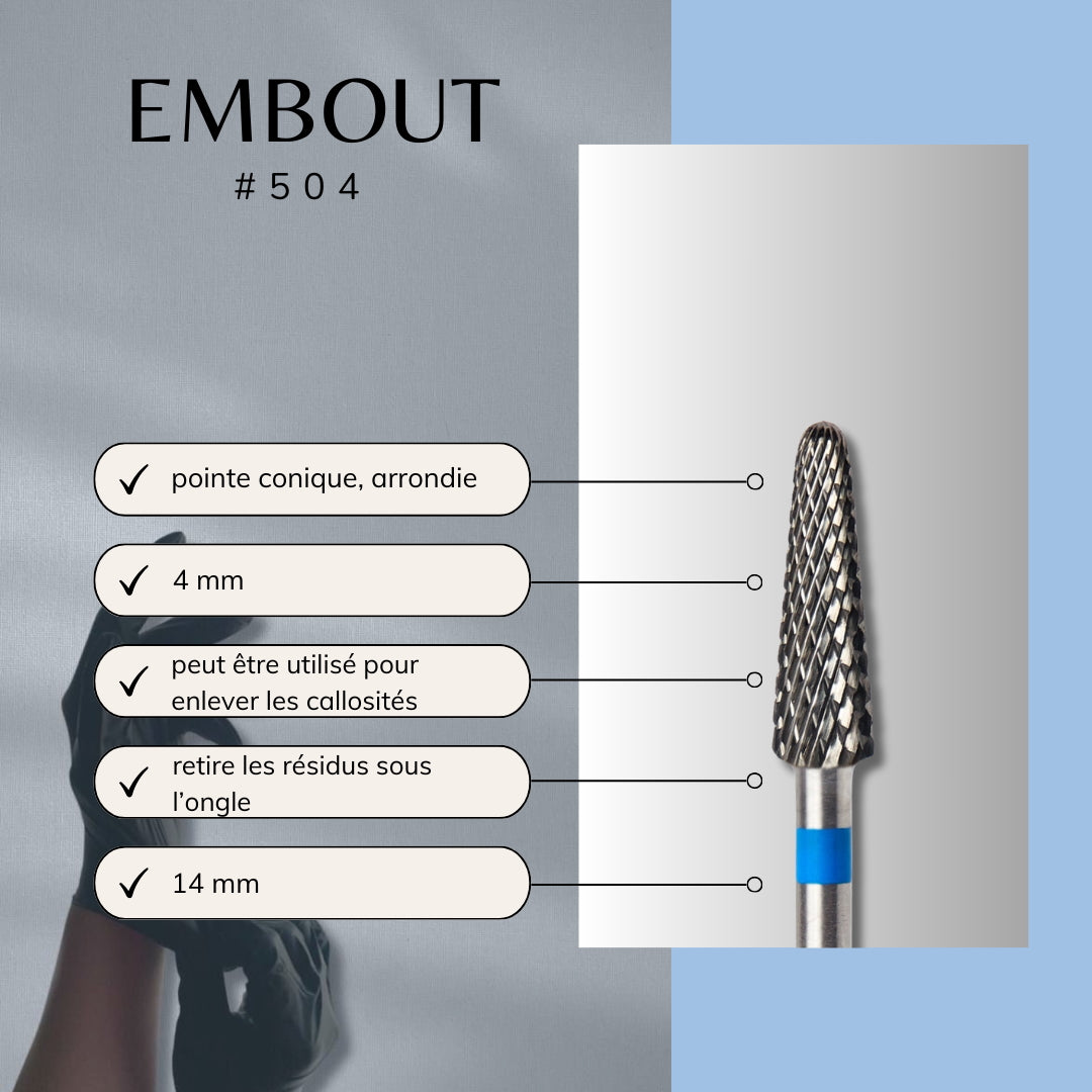 Infographie technique d'un embout conique professionnel pour gel et résine, compatible avec toutes le ponceuses